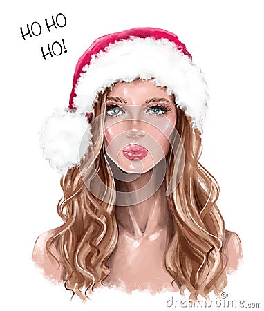 Beautiful young woman in Santa hat. Fashion girl in red cap with fur. Pretty woman face. Cartoon Illustration