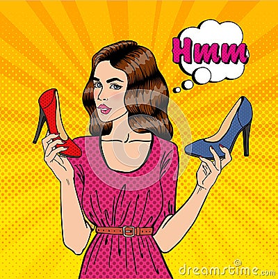 Beautiful Young Woman with Shoes. Girl Choosing Shoes, Pop Art. Vector Vector Illustration
