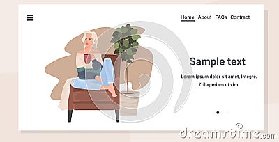 beautiful young woman sitting on armchair girl drinking coffee horizontal Vector Illustration