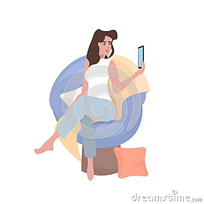 beautiful young woman sitting on armchair making video call using smartphone full length Vector Illustration