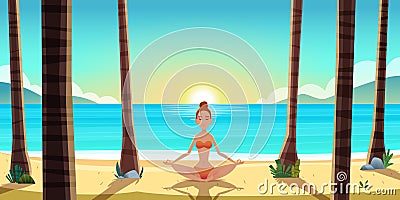 Beautiful young woman sitting on the seaside beach and relaxing in yoga pose. Vector Illustration