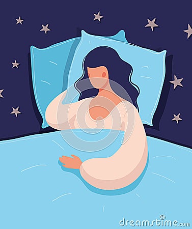 Beautiful young woman is sleeping in bed. The girl is sick at home, suffers from loneliness, a healthy full sleep, insomnia. Cartoon Illustration