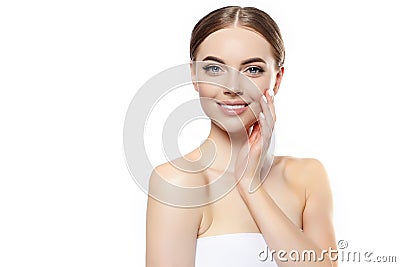 Beautiful Young Woman Smiling Face. Beauty Spa girl model with Clean Fresh Skin. Facial treatment . Cosmetology , beauty and spa. Stock Photo