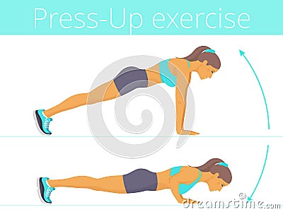 The beautiful caucasian young woman is doing the push up exercise. Vector Illustration