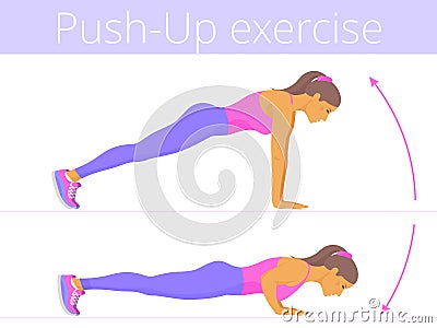 The beautiful caucasian young woman is doing the push-up exercise. Vector Illustration