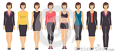 Beautiful young woman standing in full growth in different clothes, formal, business, everyday, sports. Woman in elegant and casua Cartoon Illustration