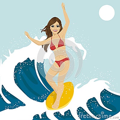 Beautiful young woman surfing on ocean waves. Blue ocean water crashing with splashes and drops Vector Illustration