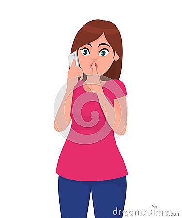 Beautiful young woman talking on a mobile or smartphone and asking for silence, keep quiet. Woman speaking on phone. Vector Illustration