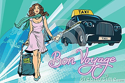 Beautiful young woman tourist passenger taxi Vector Illustration