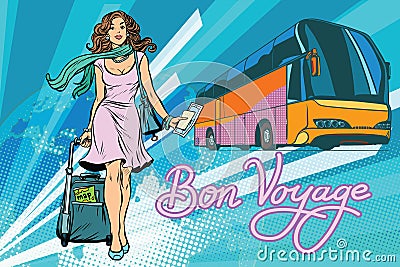 Beautiful young woman tourist passenger tour bus Vector Illustration