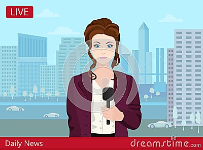 Beautiful young woman TV news reporter on the street. Vector Illustration