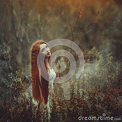 A beautiful young woman with very long red hair as a witch walks through the autumn forest. Stock Photo