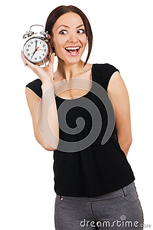 Beautiful young woman with vintage alarm clock Stock Photo