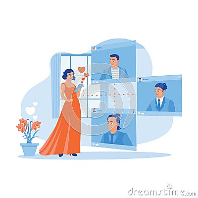 A beautiful young woman visits an online dating site via smartphone. They date online at home. Online Dating concept. Vector Illustration