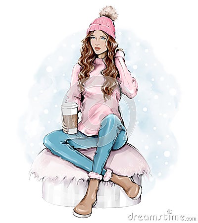 Beautiful young woman in warm knitted hat. Trendy casual fashion winter outfit. Pretty woman holding paper coffee cup. Winter look Cartoon Illustration