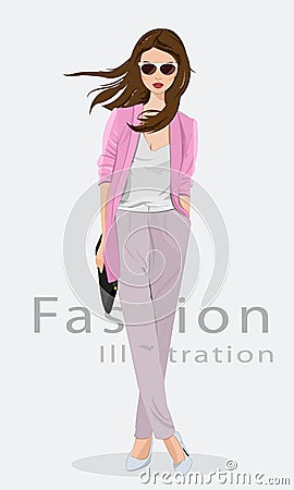 Beautiful young woman wearing fashion clothes, glasses and with bag. Fashion model. Vector illustration. Vector Illustration
