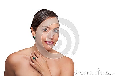 Beautiful young woman wearing jewels made with Colombian Emeralds isolated on white background Stock Photo