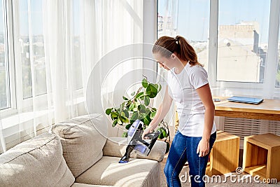 Beautiful young woman in white shirt and jeans cleaning sofa with vacuum cleaner in living room, copy space. Housework. Stock Photo