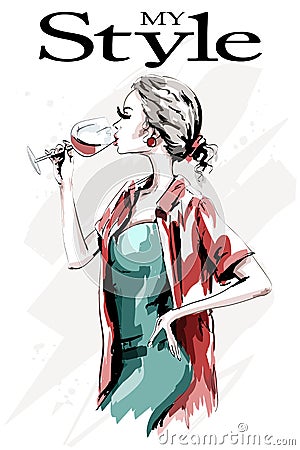 Beautiful young woman with wine glass. Cute hand drawn Vector Illustration