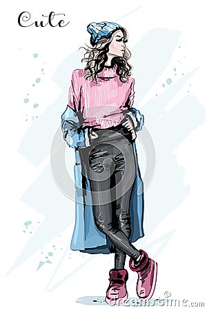 Beautiful young woman in winter clothes. Stylish cute girl in knit hat. Fashion model posing. Vector Illustration