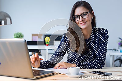 Beautiful young woman working with laptop in her office. Stock Photo
