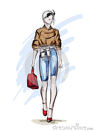 Beautiful young women in a beige blouse and blue breeches with a red handbag. Hand drawn fashion girl. Fashion model posing. Cartoon Illustration