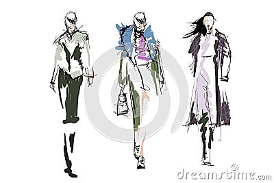 Beautiful young women. Hand drawn stylish woman portrait. Fashion lady. Winter outfit. Sketch. Fashion model posing in coat. Stock Photo