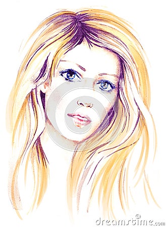 Beautiful young women with long blondy hair watercolor illustration Cartoon Illustration