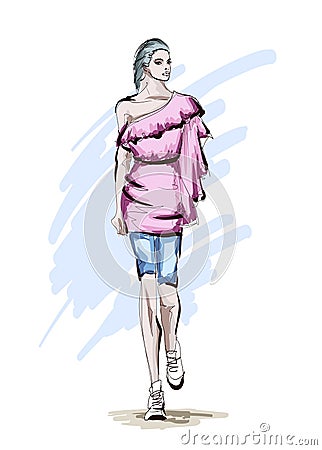 Beautiful young women in a pink dress and blue breeches. Hand drawn fashion girl. Fashion model posing. Sketch. Cartoon Illustration