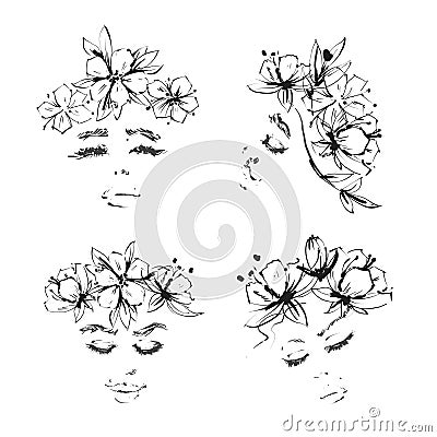 Beautiful young women set with flowers wreath black and white stylish ink vector fashion illustration. Girl face Vector Illustration