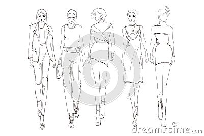 Beautiful young womens. Hand drawn fashion girls. Fashion model posing. Sketch. Illustration set Cartoon Illustration