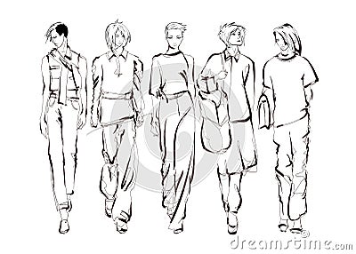 Beautiful young womens. Hand drawn fashion girls. Fashion model posing. Sketch. Illustration set Cartoon Illustration