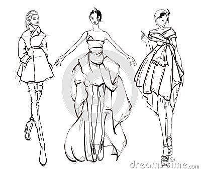 Beautiful young womens. Hand drawn fashion girls. Fashion model posing. Sketch. Vector set Cartoon Illustration