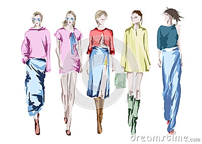 Beautiful young womens. Hand drawn fashion girls. Fashion model posing. Sketch. Cartoon Illustration