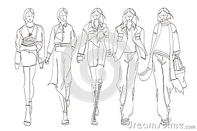 Beautiful young womens. Hand drawn fashion girls. Fashion model posing. Sketch. Vector set Cartoon Illustration