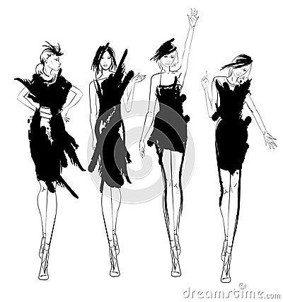 Beautiful young womens. Hand drawn fashion girls. Fashion model posing. Sketch. Vector set Cartoon Illustration