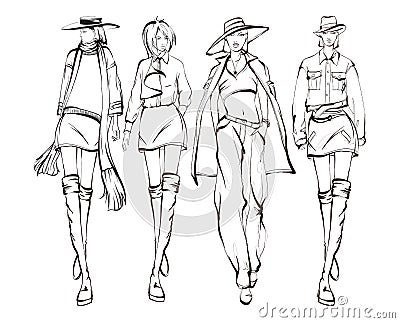 Beautiful young womens. Hand drawn fashion girls. Fashion model posing. Sketch. Vector set Cartoon Illustration