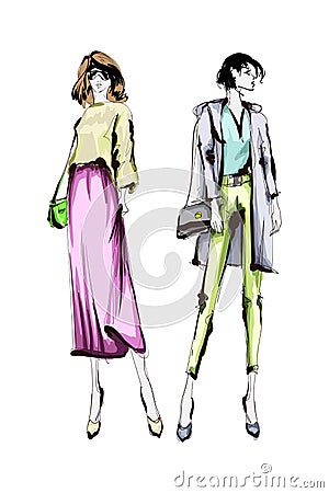 Beautiful young womens. Hand drawn fashion girls. Fashion model posing. Sketch. Vector set Cartoon Illustration