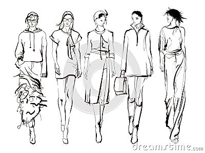 Beautiful young womens. Hand drawn fashion girls. Fashion model posing. Sketch. Illustration set Cartoon Illustration