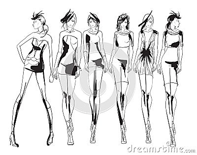 Beautiful young womens. Hand drawn fashion girls. Fashion model posing. Sketch. Illustration set Cartoon Illustration