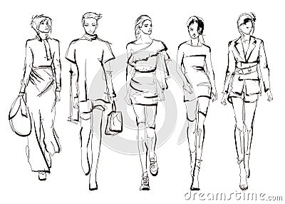 Beautiful young womens. Hand drawn fashion girls. Fashion model posing. Sketch. Cartoon Illustration