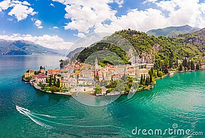 Beautifull aerial panoramic view from the drone to the Varenna - famous old Italy town on bank of Como lake. High top view to Stock Photo