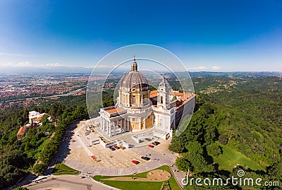 Beautifull aerial panoramic view to the famous from the drone Basilica of Superga in sunny summer day. The cathedral church Stock Photo