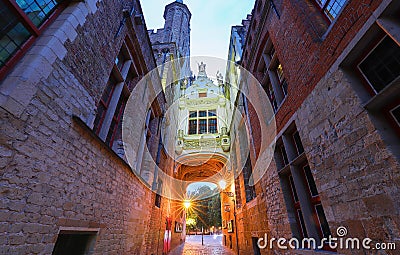 Beautifull Arch between Old Civil Registry and Town Hall, Bruges, Belgium. Stock Photo