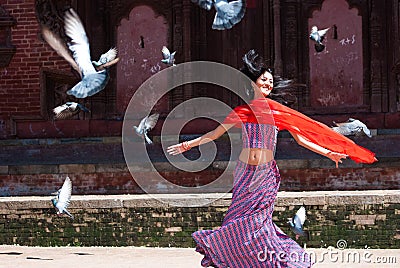 Beautifull Bollywood Actress dancing in Durbar Square Nepal Editorial Stock Photo