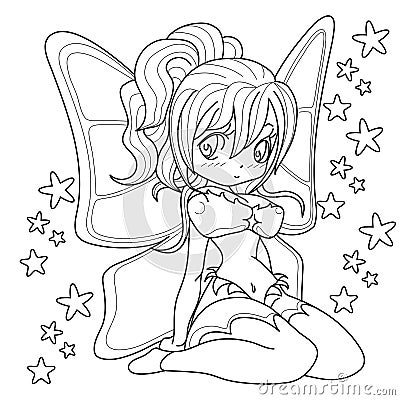 Beautifull fairy girl, Fantasy black and white image. Outlined on white background for kids coloring book. Vector illustration Vector Illustration