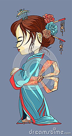 Beautifull japanese cartoon girl in kimono. face in profile. Young Geisha with old blue kimono makeup maiko hair style shy Cartoon Illustration