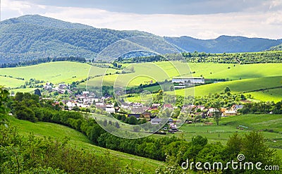 Beautifull view on little village in slovakia. Small village in hills. Stock Photo