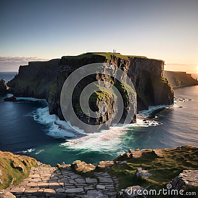 Beautifull wild landscape of Cliffs of Moher in Ireland. Hiking trip on summer holidays. made with Generative AI Stock Photo