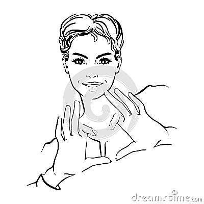 Beautifull woman with short hair, showing hands in heart form Vector Illustration